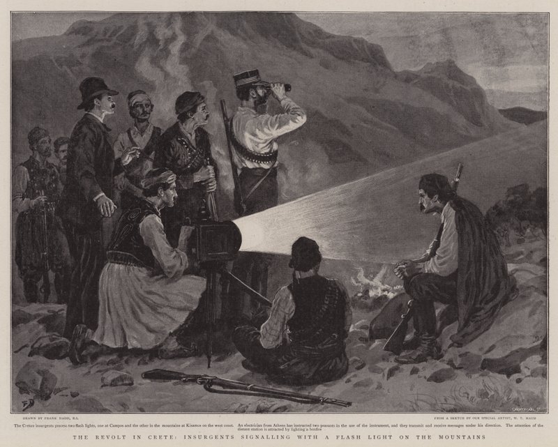 La rivolta a Creta, Insorti che segnalano con una luce lampeggiante sulla montagna da Frank Dadd