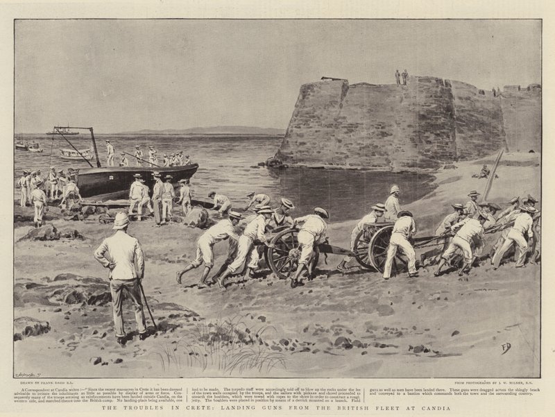 I disordini a Creta, sbarco di cannoni dalla flotta britannica a Candia da Frank Dadd