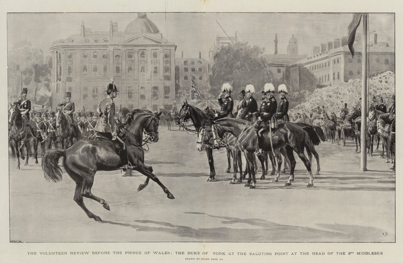 La revisione dei volontari davanti al Principe di Galles, il Duca di York al punto di saluto alla testa del 3° Middlesex da Frank Dadd
