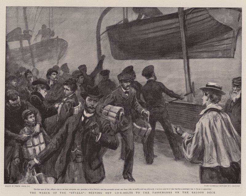 Il naufragio della Stella, distribuzione di cinture di salvataggio ai passeggeri sul ponte del salone da Frank Dadd