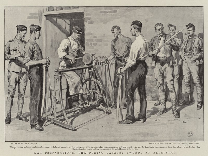 Preparativi di guerra, affilatura delle spade di cavalleria ad Aldershot da Frank Dadd