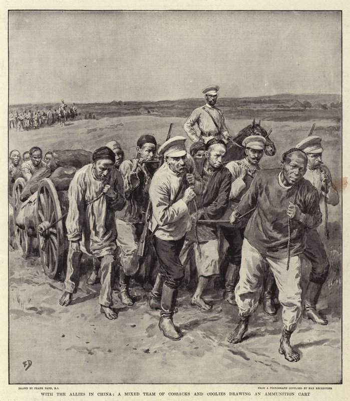 Con gli alleati in Cina, una squadra mista di cosacchi e coolies che trainano un carro di munizioni da Frank Dadd