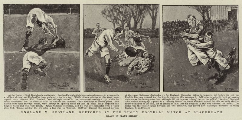 Inghilterra contro Scozia, schizzi alla partita di rugby a Blackheath da Frank Gillett
