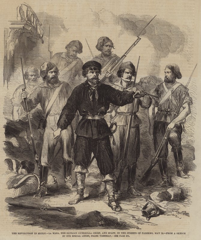 La Rivoluzione in Sicilia, La Masa, il capo guerrigliero siciliano, e lo staff, nelle strade di Palermo, 28 maggio da Frank Vizetelly