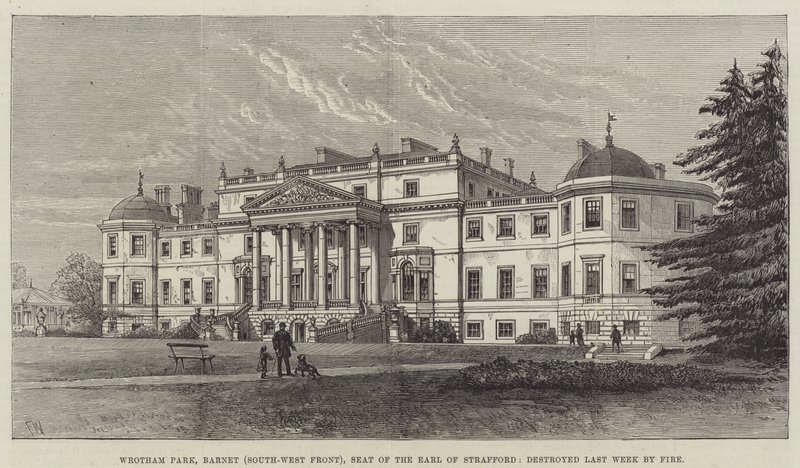 Wrotham Park, Barnet (fronte sud-ovest), sede del Conte di Strafford, distrutto la scorsa settimana da un incendio da Frank Watkins