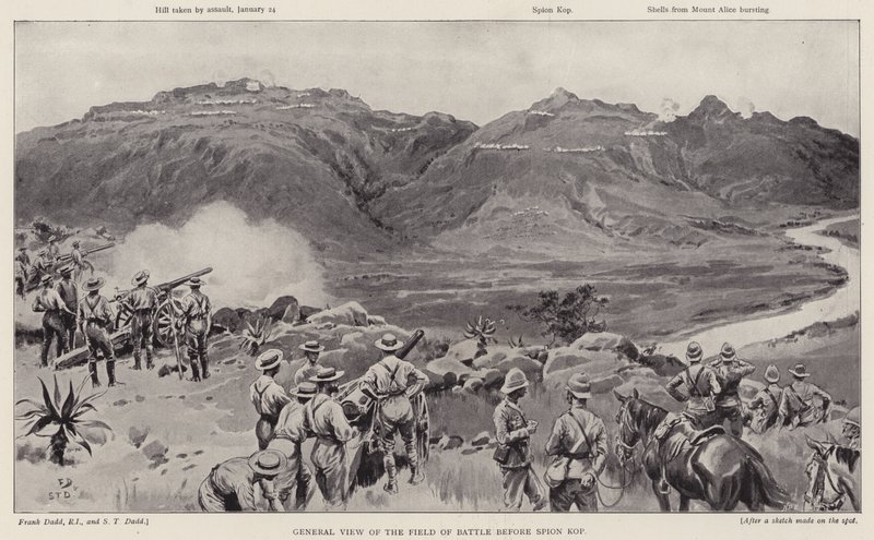 Vista generale del campo di battaglia prima di Spion Kop (litografia) da Frank (after) Dadd