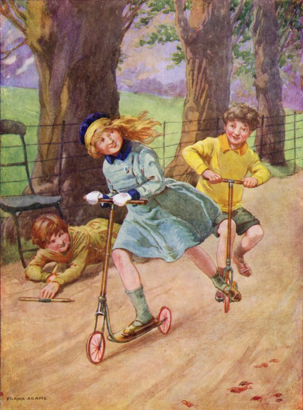 Ragazza e ragazzo che corrono su monopattini da Frank Adams