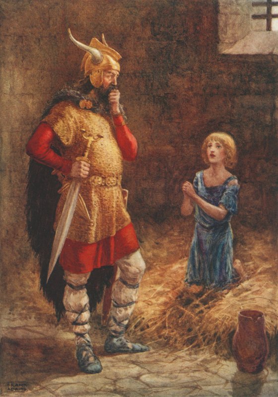 Havelok implora misericordia da Godard, dalla vecchia ballata Havelok il Danese (litografia a colori) da Frank Adams