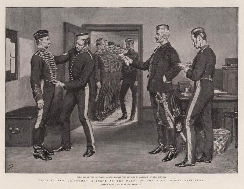 Adattamento delle nuove uniformi, una scena al deposito della Royal Horse Artillery da Frank Dadd