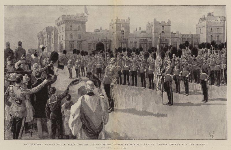 Sua Maestà presenta un Colore di Stato alle Guardie Scozzesi al Castello di Windsor, Tre Evviva per la Regina da Frank Dadd