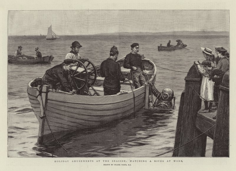 Divertimenti di vacanza al mare, guardando un subacqueo al lavoro da Frank Dadd