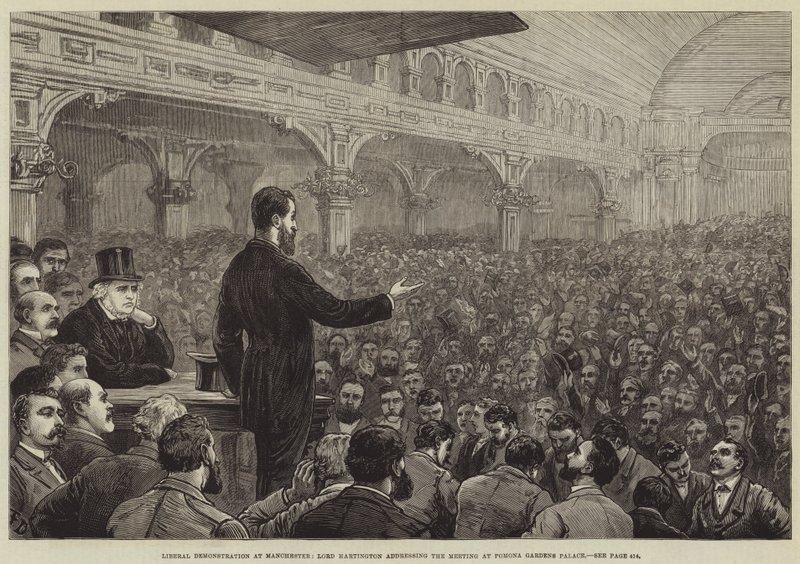 Dimostrazione liberale a Manchester, Lord Hartington che si rivolge alla riunione ai Pomona Gardens Palace da Frank Dadd
