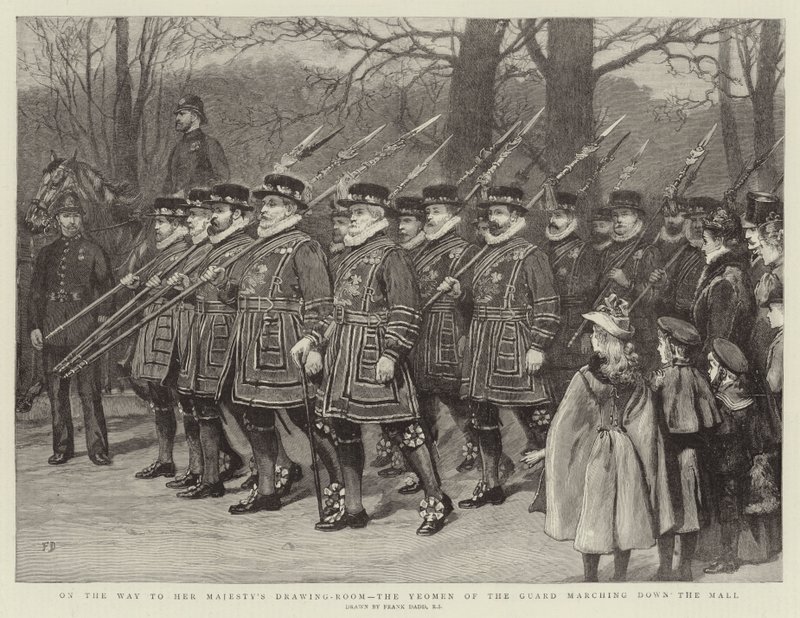Sulla strada per la Sala del Trono di Sua Maestà, i Yeomen della Guardia che marciano lungo il Mall da Frank Dadd