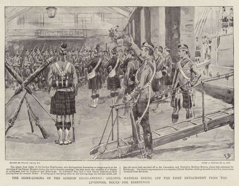 Il ritorno a casa dei Gordon Highlanders, il colonnello Mathias saluta il primo distaccamento dai moli di Liverpool per Edimburgo da Frank Dadd