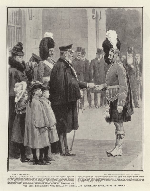 Il re distribuisce medaglie di guerra agli Argyll e Sutherland Highlanders a Balmoral da Frank Dadd