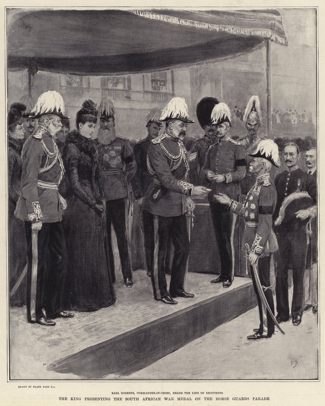 Il re presenta la medaglia della guerra sudafricana alla parata delle Horse Guards da Frank Dadd