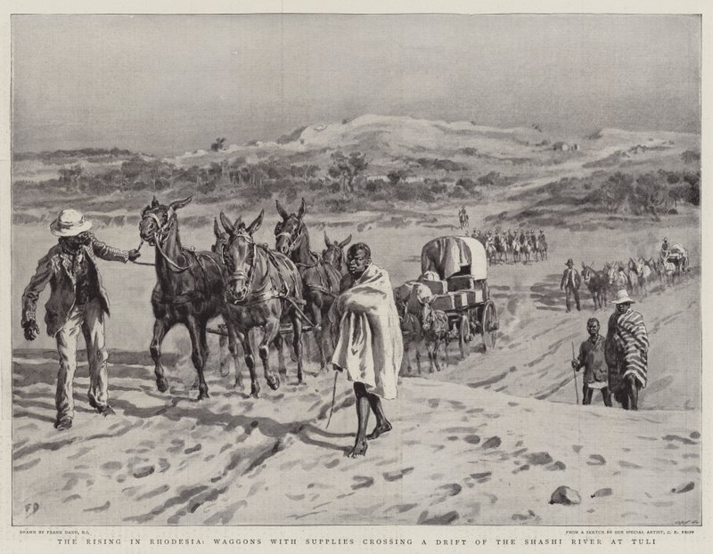 La rivolta in Rhodesia, carri con rifornimenti che attraversano un guado del fiume Shashi a Tuli da Frank Dadd