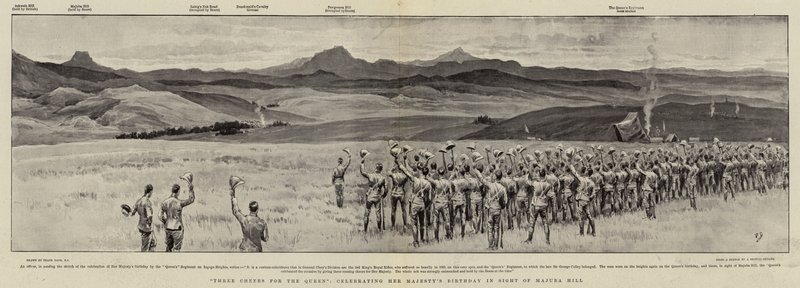 Tre evviva per la Regina, celebrazione del compleanno di Sua Maestà in vista della collina di Majuba da Frank Dadd
