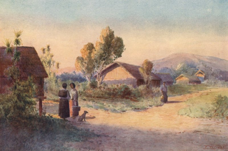 Nuova Zelanda: Un villaggio Maori (litografia a colori) da Frank H Wright