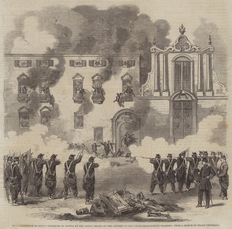 La rivoluzione in Sicilia, massacro della popolazione da parte delle truppe reali al convento dei Benedettini Bianchi, Palermo da Frank Vizetelly