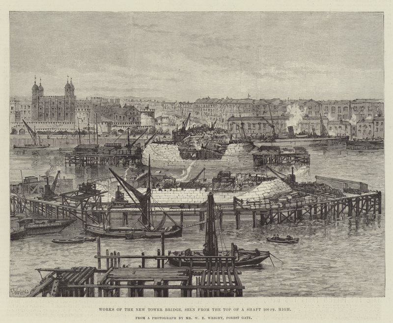 Lavori del nuovo Tower Bridge, visti dalla cima di un pozzo alto 100 piedi da Frank Watkins