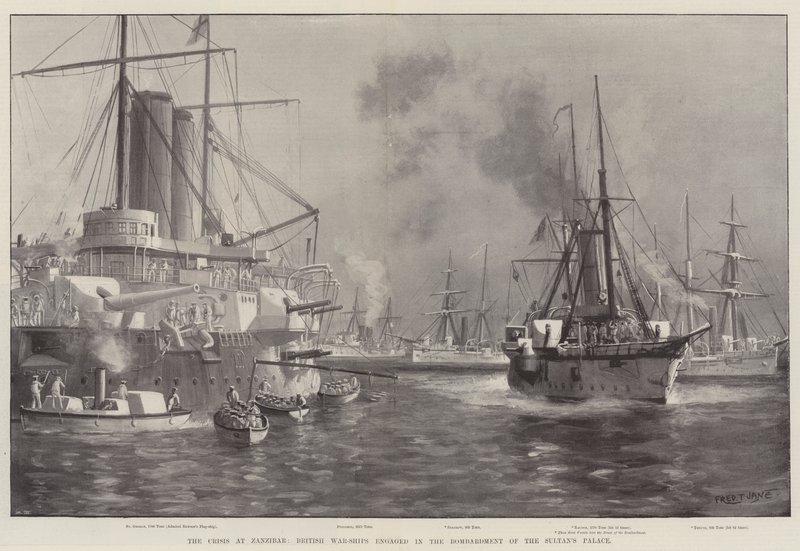 La crisi a Zanzibar, navi da guerra britanniche impegnate nel bombardamento del palazzo del sultano da Fred T. Jane
