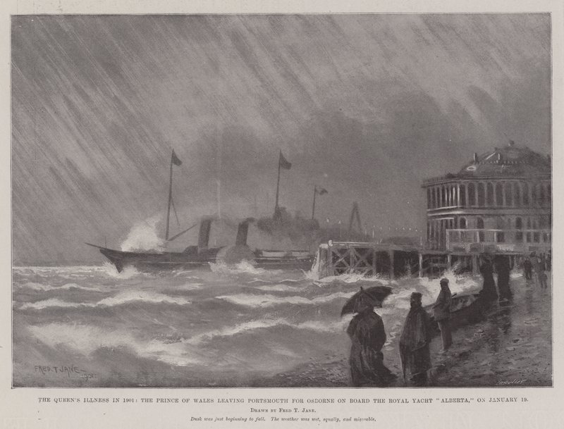 La malattia della regina nel 1901, il principe di Galles lascia Portsmouth per Osborne a bordo dello yacht reale Alberta, il 19 gennaio da Fred T. Jane