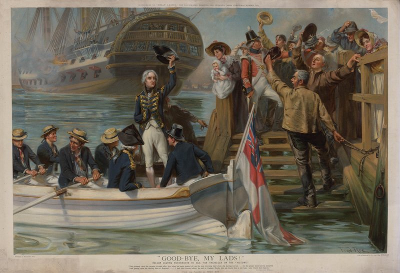 Nelson lascia Portsmouth per salpare verso Trafalgar sulla Victory da Fred Roe