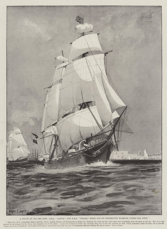 Un Tocco di Vita Marina Antica, HMS Active e HMS Volage che escono dal Porto di Portsmouth solo a Vela da Fred T. Jane