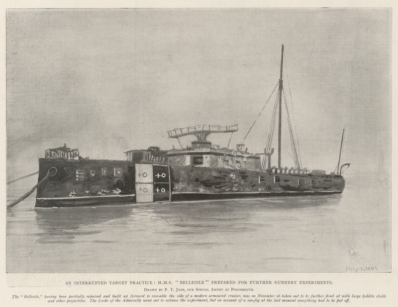 Una pratica di tiro interrotta, HMS Belleisle preparata per ulteriori esperimenti di artiglieria da Fred T. Jane