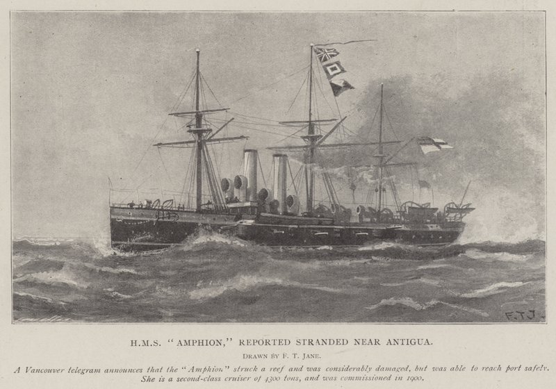 HMS Amphion, segnalata incagliata vicino ad Antigua da Fred T. Jane