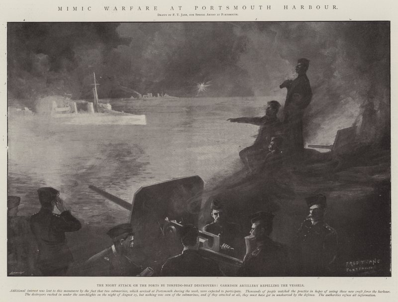 Guerra simulata al porto di Portsmouth da Fred T. Jane