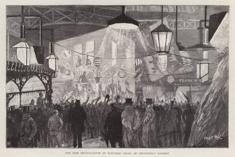 Nuova installazione di luce elettrica al Mercato di Smithfield, Londra da Fred T. Jane