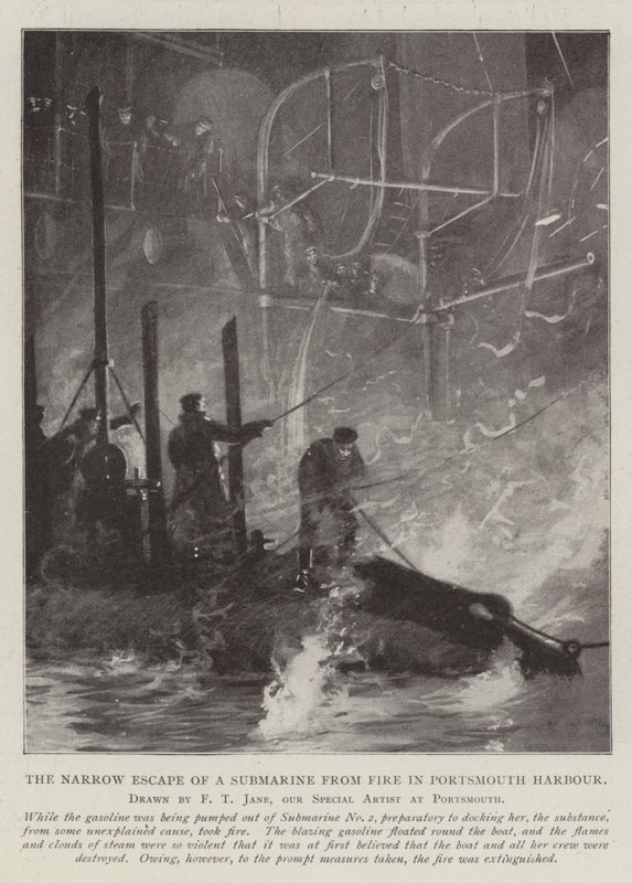 La stretta fuga di un sottomarino dal fuoco nel porto di Portsmouth da Fred T. Jane