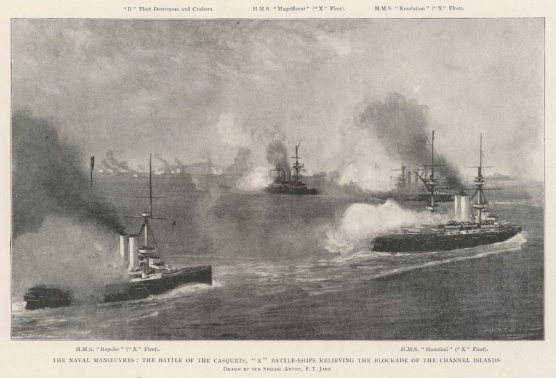 Le manovre navali, la battaglia dei Casquets, X navi da battaglia che sollevano il blocco delle Isole del Canale da Fred T. Jane