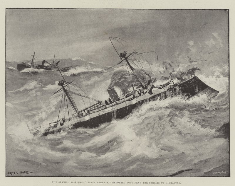 La nave da guerra spagnola, Reina Regente, riportata persa vicino allo Stretto di Gibilterra da Fred T. Jane