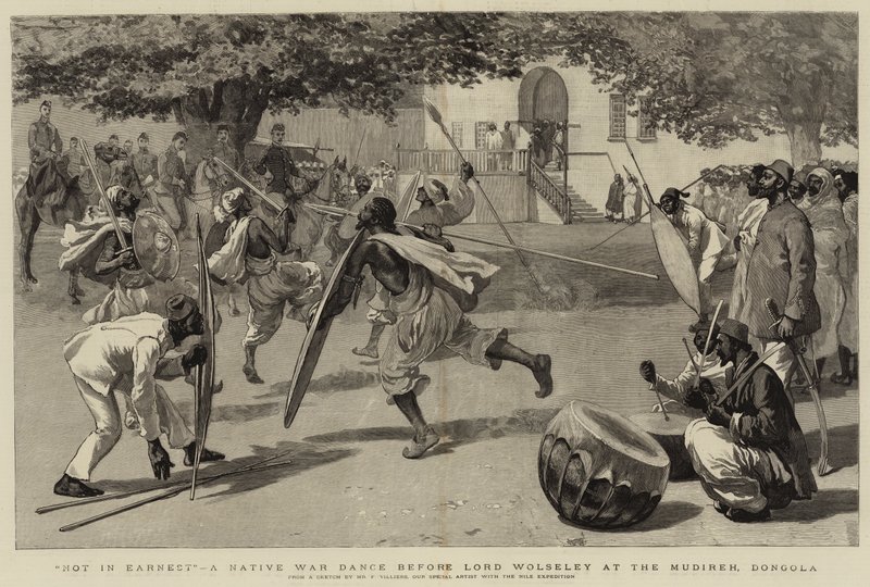 Non sul serio, una danza di guerra nativa davanti a Lord Wolseley alla Mudireh, Dongola da Frederic Villiers
