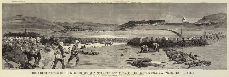 La posizione britannica nella gola di Abu Klea dopo la battaglia, 17 gennaio, il quadrato di combattimento avanzando verso i pozzi da Frederic Villiers