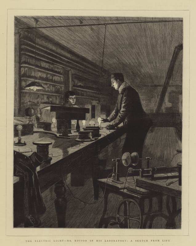 La Luce Elettrica, il Signor Edison nel suo Laboratorio, uno Schizzo dal Vivo da Frederic Villiers