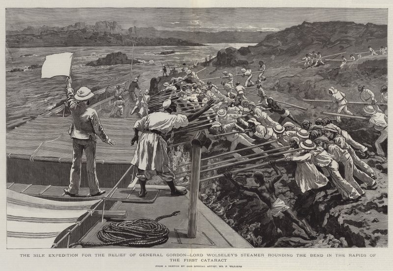 La spedizione sul Nilo per il soccorso del generale Gordon, il piroscafo di Lord Wolseley che gira la curva nelle rapide della prima cataratta da Frederic Villiers
