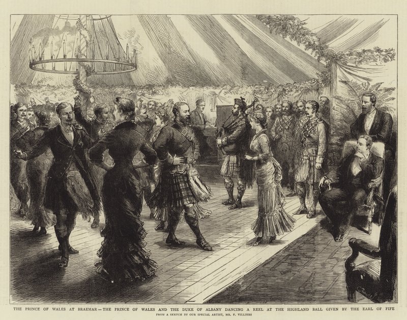 Il Principe di Galles a Braemar, il Principe di Galles e il Duca di Albany che ballano una Reel al Ballo delle Highland dato dal Conte di Fife da Frederic Villiers