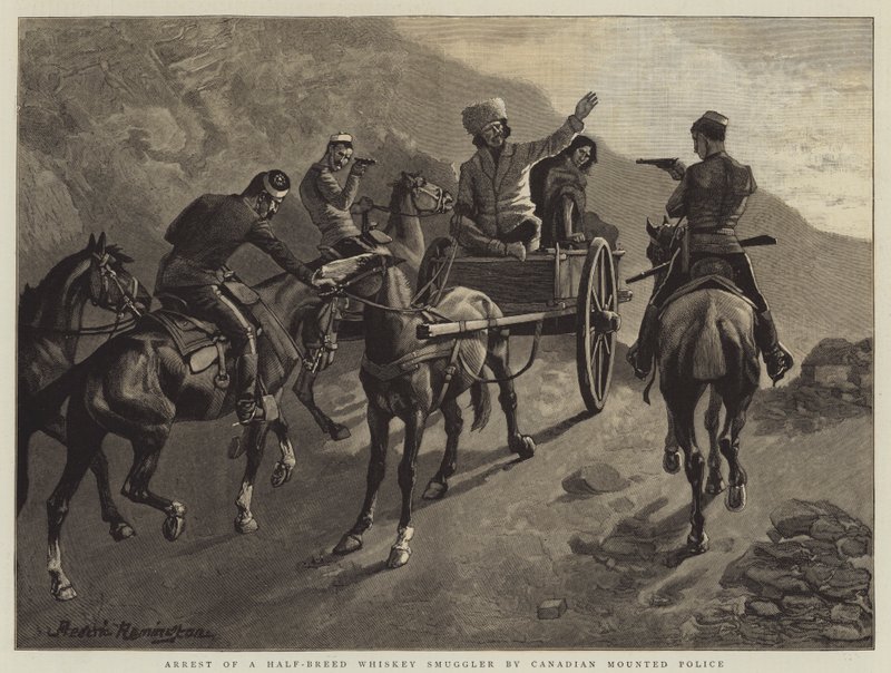 Arresto di un contrabbandiere di whisky meticcio da parte della polizia a cavallo canadese da Frederic Remington