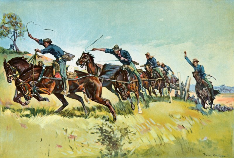 La batteria di Grimes sale la collina di El Pozo da Frederic Remington