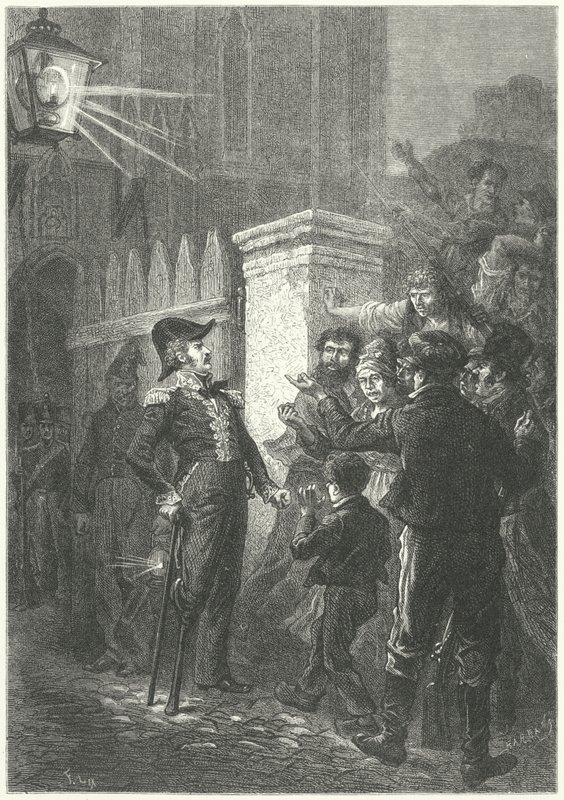 Il generale Daumesnil affronta la folla parigina fuori dal castello di Vincennes durante la rivoluzione francese del 1830 (incisione) da Frederic Theodore (after) Lix