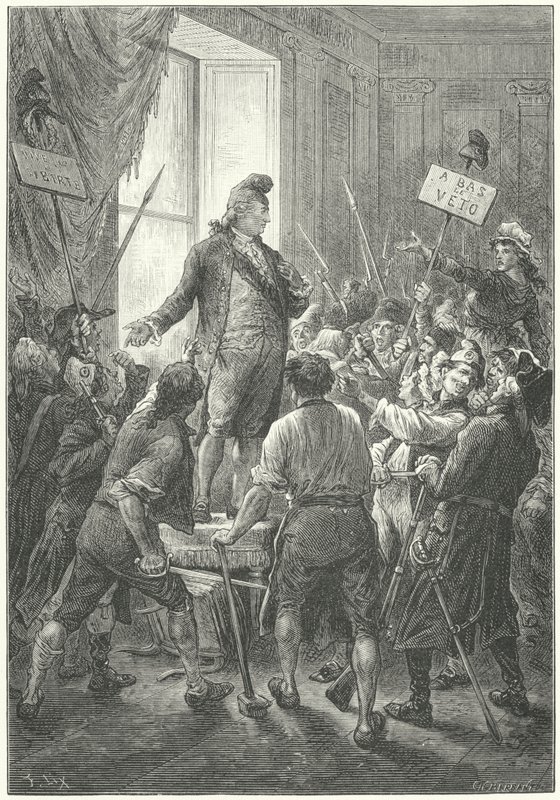 Luigi XVI di Francia costretto a indossare un berretto frigio dai sanculotti dopo la loro invasione del Palazzo delle Tuileries da Frederic Theodore (after) Lix