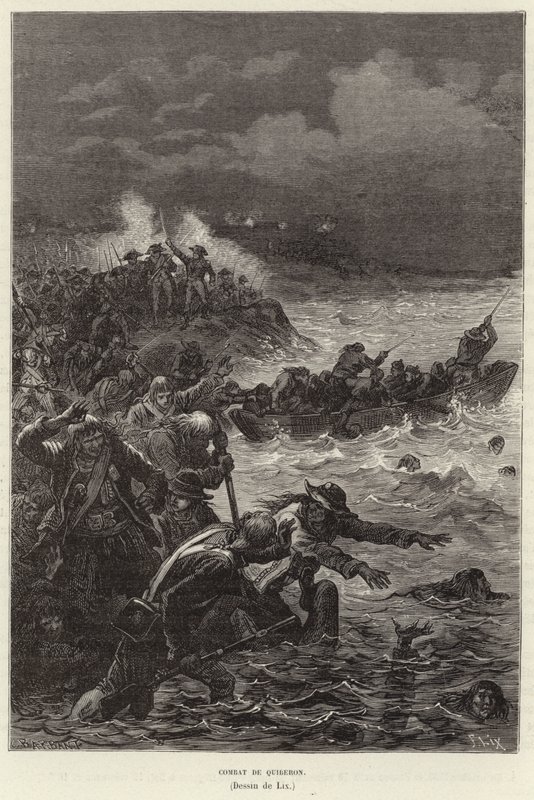 Combattimento di Quiberon. Sostenitori della Chouannerie e della rivolta della Vandea che tentano di fuggire dalle forze repubblicane a Quiberon, Francia, Rivoluzione francese da Frederic Theodore Lix