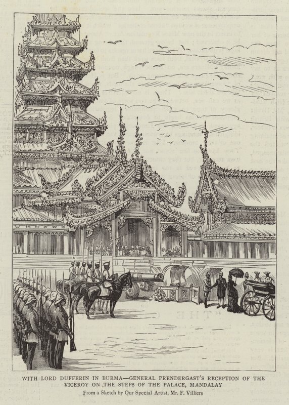 Con Lord Dufferin in Birmania, la ricezione del Viceré da parte del Generale Prendergast sui gradini del Palazzo, Mandalay da Frederic Villiers