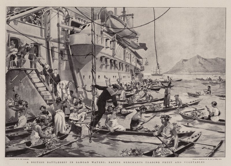 Una nave da guerra britannica nelle acque samoane, mercanti nativi che commerciano frutta e verdura da Frederic de Haenen