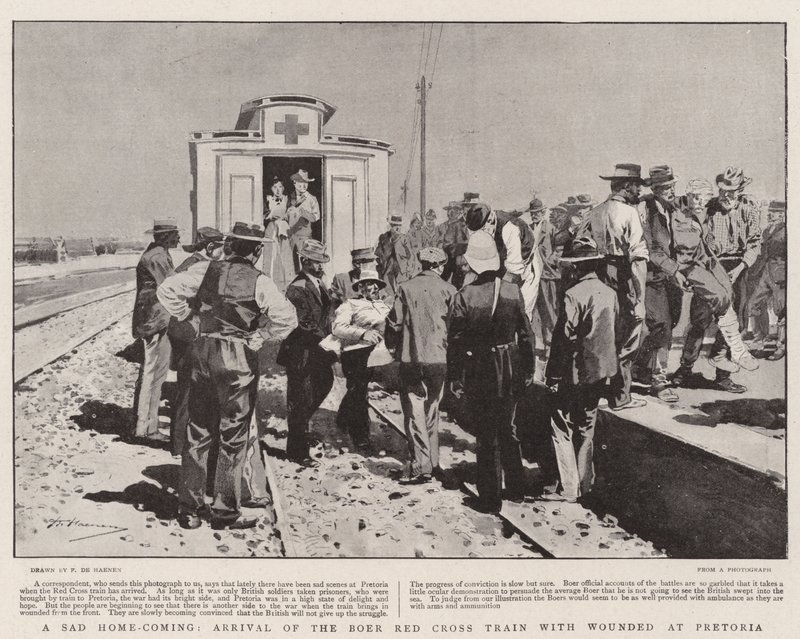 Un triste ritorno a casa, arrivo del treno della Croce Rossa Boera con i feriti a Pretoria da Frederic de Haenen