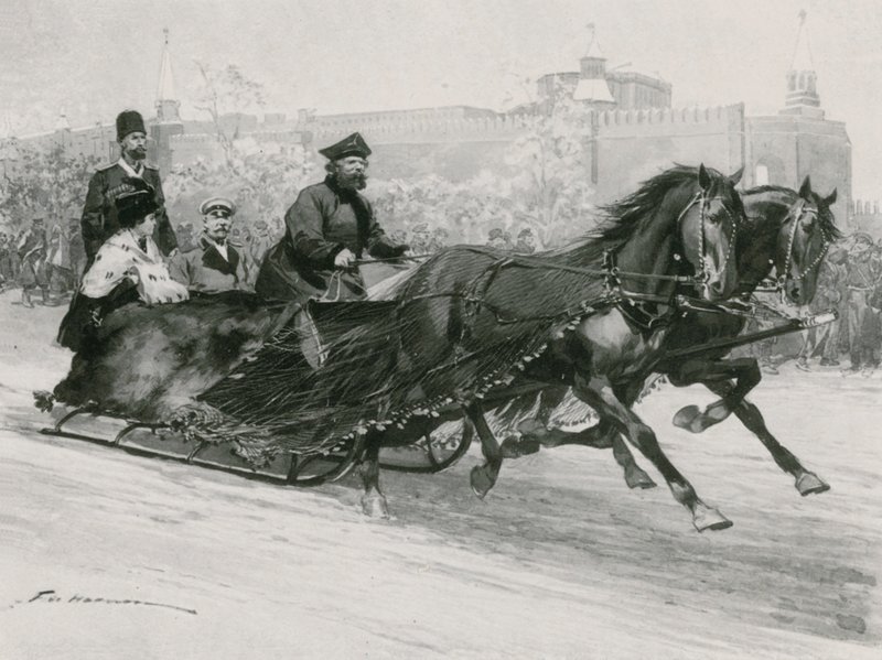 Una slitta con rete di seta blu, per evitare che la neve spruzzi gli occupanti, il Cremlino sullo sfondo da Frederic de Haenen